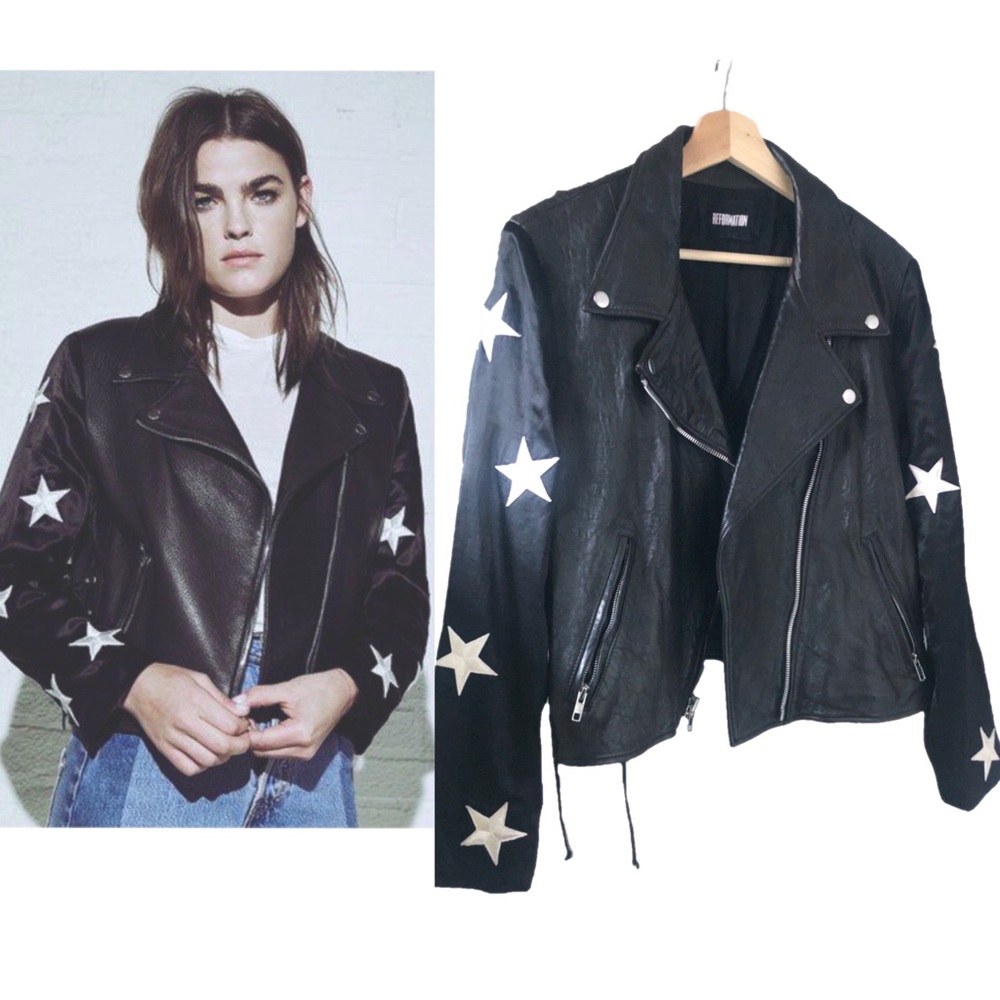 Reformation Leather Biker Jacket Big Dipper Black and White Star Limited Edition